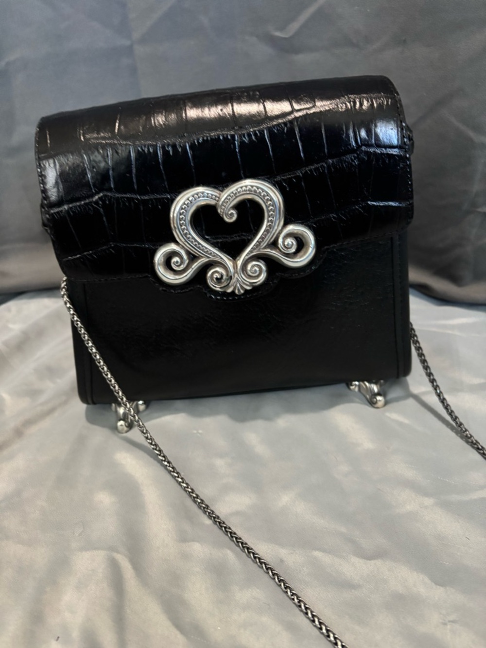 Brighton Vintage Black Croc-Texture Crossbody with claw feet